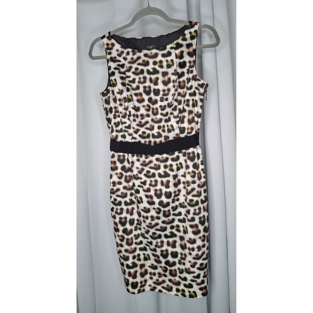 Ann Taylor Petite Leopard Print Sheath Dress Black Waistband 4P Sleeveless - Picture 7 of 12